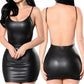 Black faux leather mini dress with backless design, women's fashion