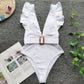 White ruffle one-piece swimsuit with tortoiseshell buckle, beach fashion for women