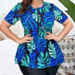 Blue tropical leaf print peplum top for women's fashion