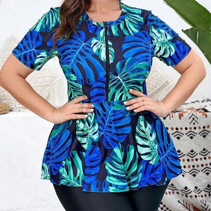 Blue tropical leaf print peplum top for women's fashion