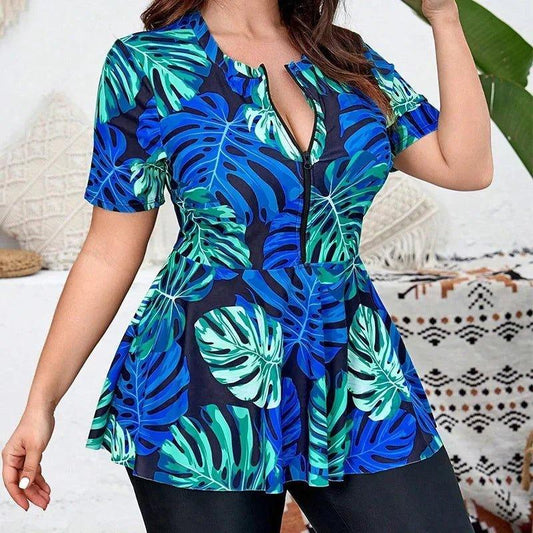 Tropical leaf print peplum top for women's fashion