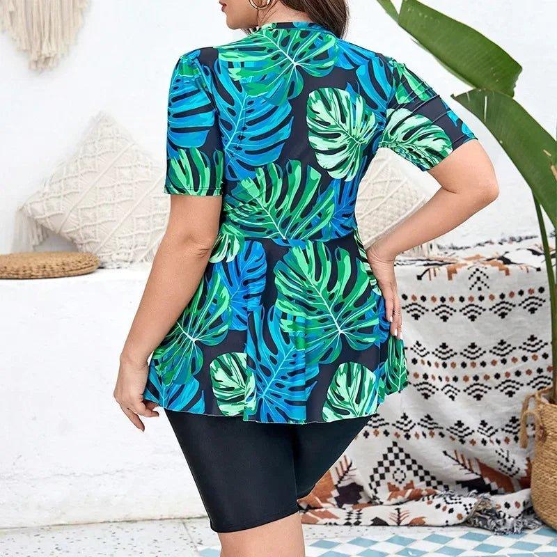 Tropical leaf print blouse with short sleeves, stylish women's fashion top