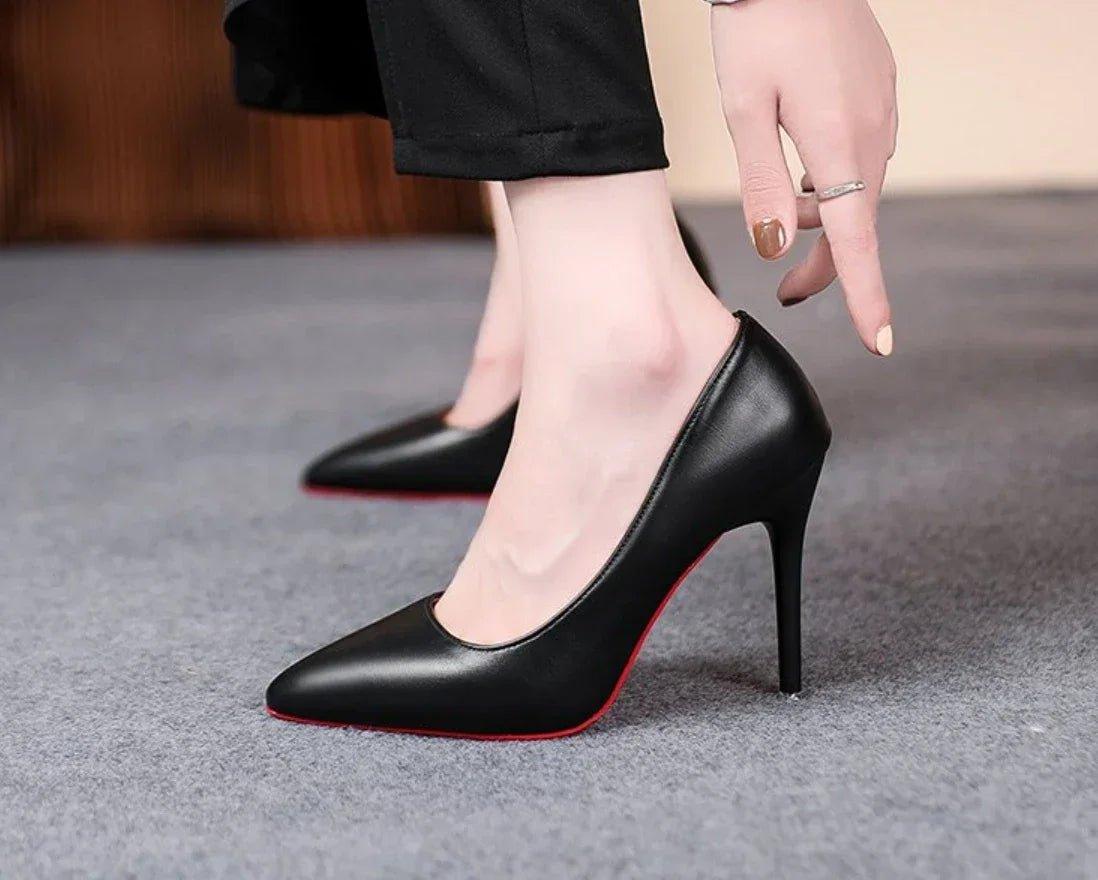 Black pointed-toe high heels with red soles, women's fashion footwear