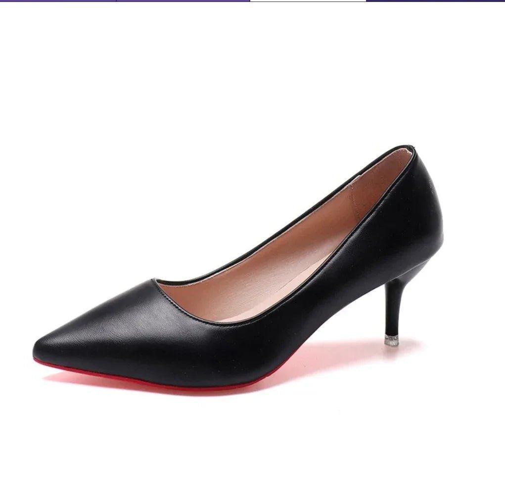 Black pointed toe high heels with red sole, women's fashion shoes