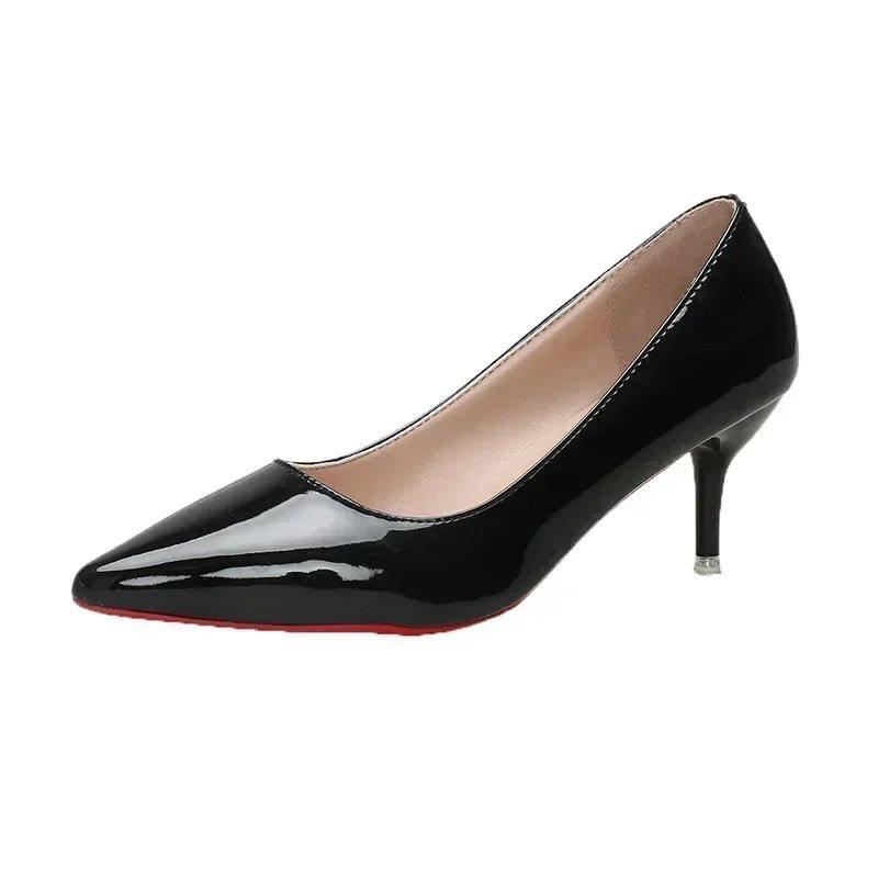 Black patent leather pointed toe pumps with red sole, women's fashion heels