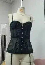 Black lace corset top with front buttons on mannequin, women's fashion