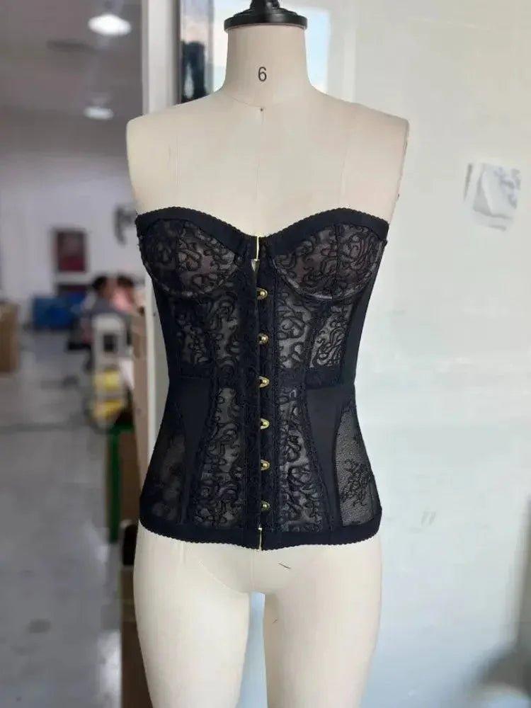Black lace corset top with gold buttons, women's fashion lingerie, strapless bustier style