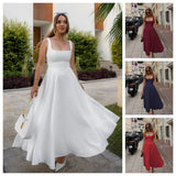 Elegant women's midi dresses in white, burgundy, navy, and red — stylish square neck, flowy A-line designs for fashion lovers