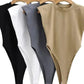 Women's sleeveless bodysuits in black, white, gray, and beige — stylish, form-fitting fashion tops