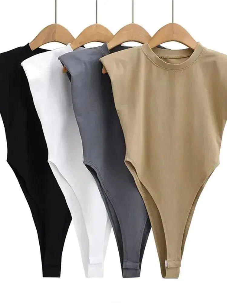 Women's sleeveless bodysuits in black, white, gray, and beige — stylish, form-fitting fashion tops
