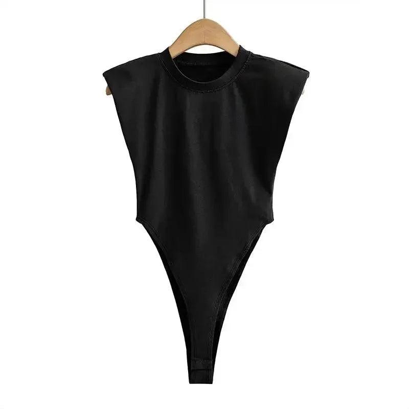 Black sleeveless bodysuit with high-cut legs, stylish women's fashion top on hanger