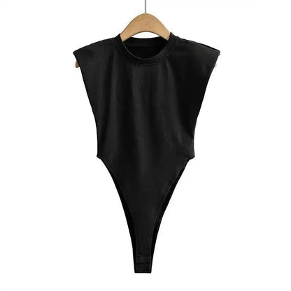 Black sleeveless bodysuit with high-cut legs, stylish women's fashion top on hanger