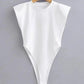 White sleeveless bodysuit with high-cut legs, minimalist women's fashion top on hanger