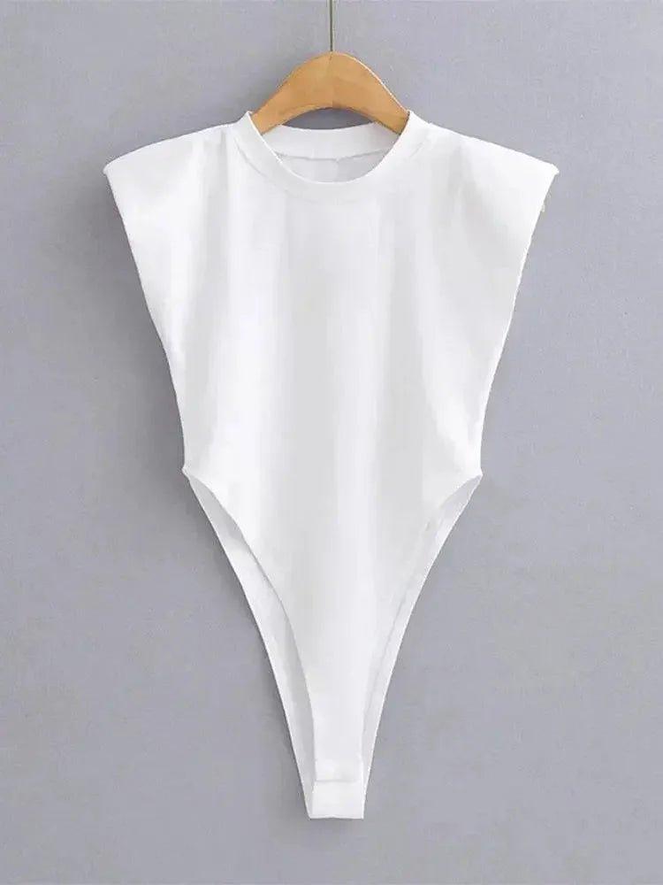 White sleeveless bodysuit with high-cut legs, minimalist women's fashion top on hanger