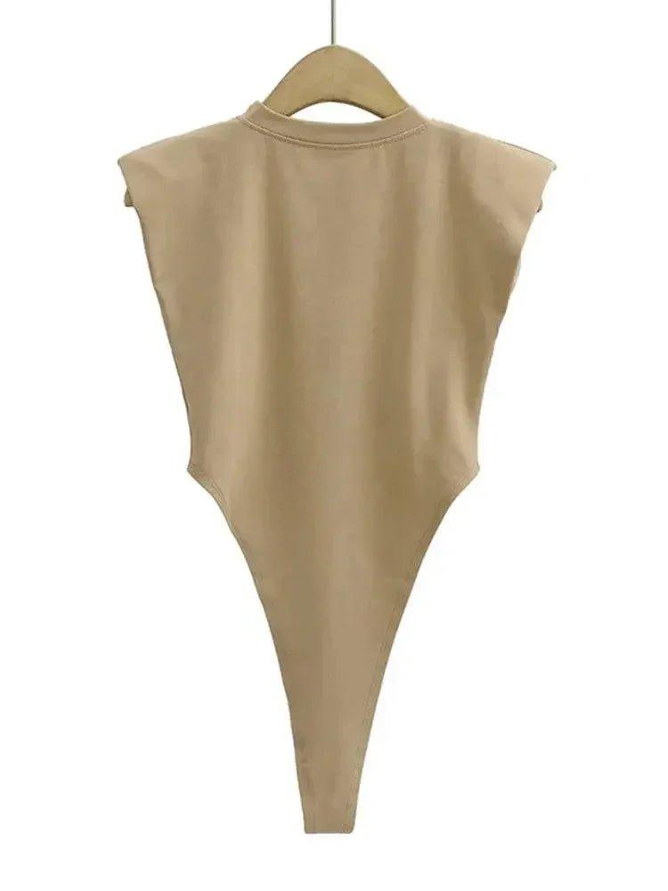 Beige sleeveless bodysuit with high-cut legs, perfect for women's fashion outfits