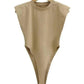 Beige sleeveless bodysuit with high-cut legs, women's fashion top on hanger
