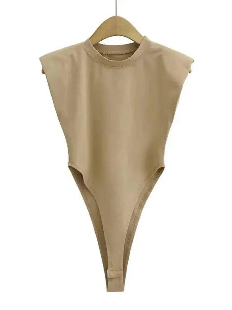 Beige sleeveless bodysuit with high-cut legs, women's fashion top on hanger