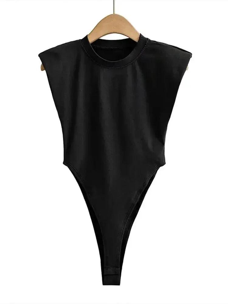 Black sleeveless bodysuit with high-cut legs, women's fashion