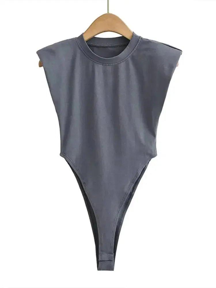 Gray sleeveless bodysuit with high-cut legs, women's fashion top on hanger