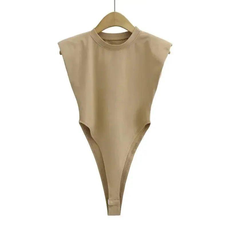 Beige sleeveless bodysuit with high-cut legs, perfect for women's fashion outfits