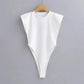 White sleeveless bodysuit with high-cut legs, stylish women's fashion top on hanger