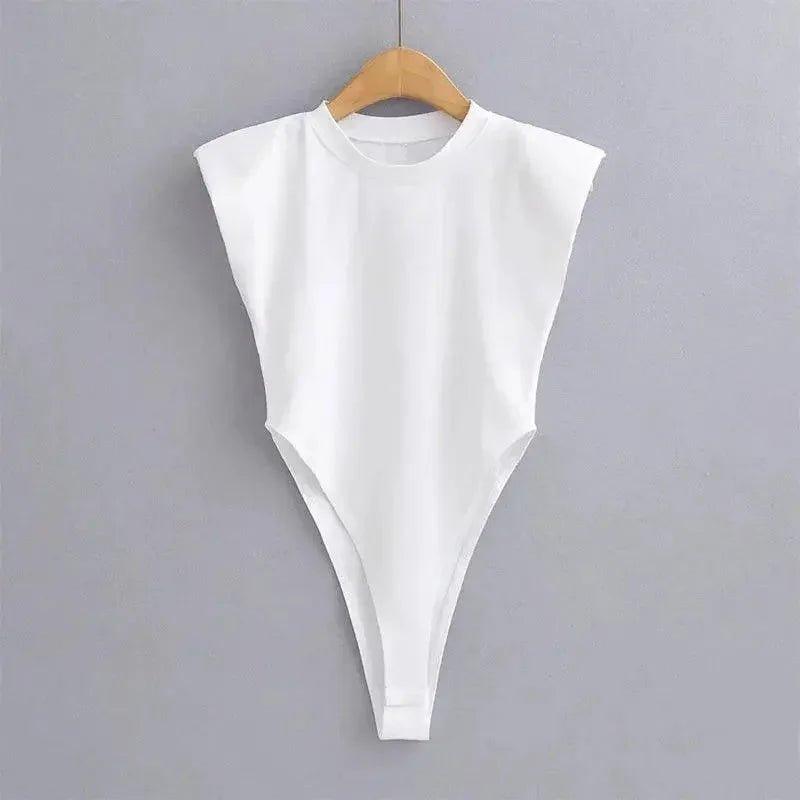 White sleeveless bodysuit with high-cut legs, stylish women's fashion top on hanger