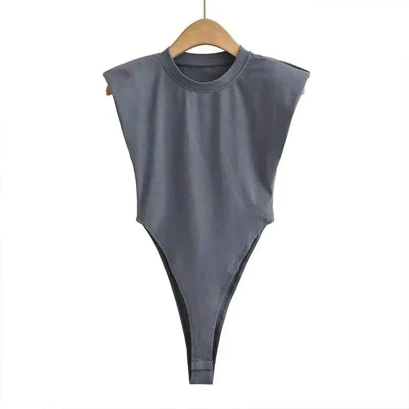 Gray sleeveless bodysuit with high-cut legs, women's fashion top on hanger
