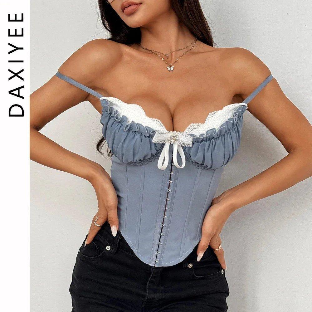 Blue lace-up corset top with white ruffle trim, off-shoulder design, paired with black jeans for women's fashion