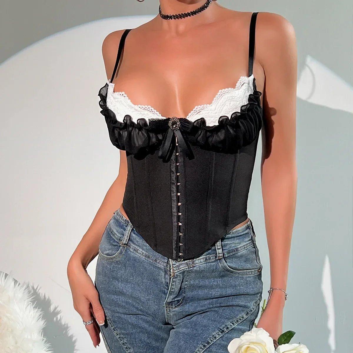 Black lace corset top with white trim, paired with denim jeans for women's fashion