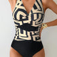 Black and beige geometric print one-piece swimsuit with V-neck and ruched waist for women's fashion
