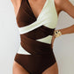 Brown and cream color block one-piece swimsuit with wrap front design for women's fashion