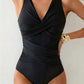 Black one-piece swimsuit with V-neck and ruched wrap design for women's fashion