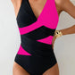 Black and hot pink color block one-piece swimsuit with V-neck and ruched waist for women's fashion