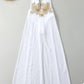 White women's maxi dress with gold floral embroidery, beach fashion style