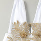 White dress with gold floral lace embroidery and puff sleeves, elegant women's fashion