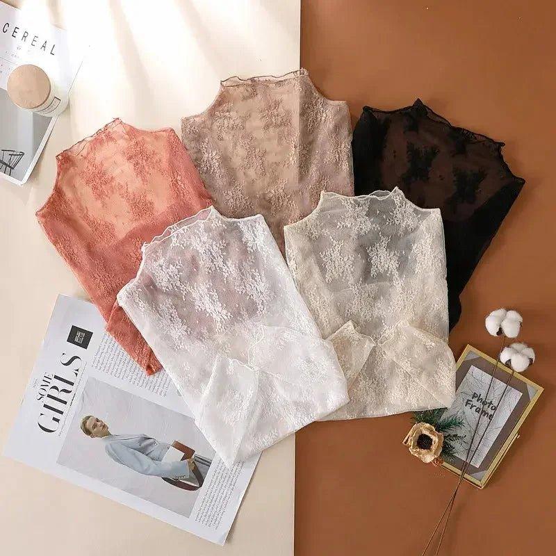 Lace women's tops in white, black, pink, beige — elegant fashion blouses for layering or solo wear