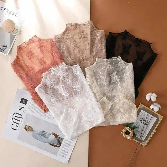 Lace women's tops in white, pink, beige, and black — elegant fashion blouses for stylish outfits