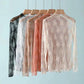 Women's lace long sleeve tops in black, white, blush, and rose gold, elegant fashion blouses