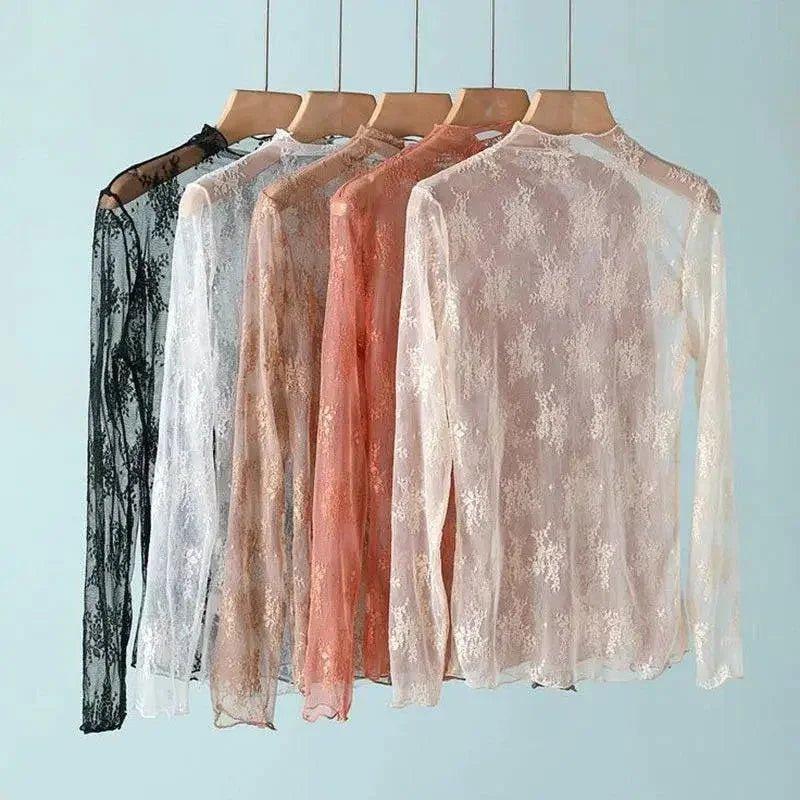 Women's lace long sleeve tops in black, white, blush, and rose gold, elegant fashion blouses