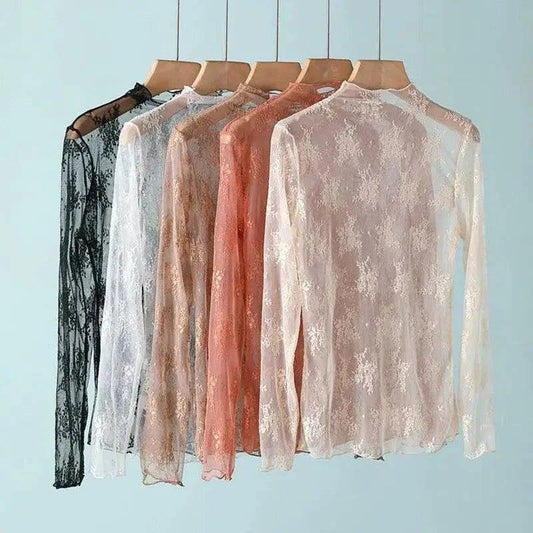 Women's lace long sleeve tops in black, white, blush, and rose gold, elegant fashion blouses