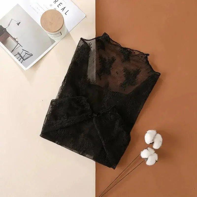 Black lace women's sheer top with floral embroidery, elegant fashion blouse