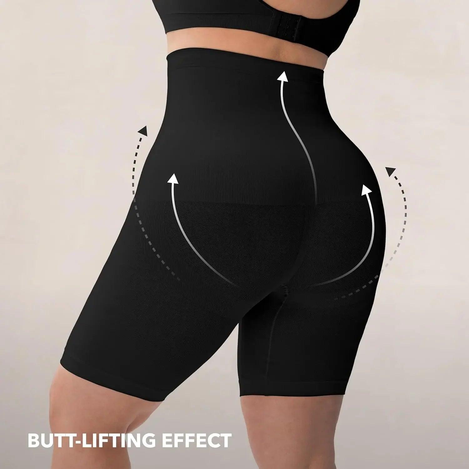 Black high-waist shapewear shorts with butt-lifting effect for women's fashion and body contouring
