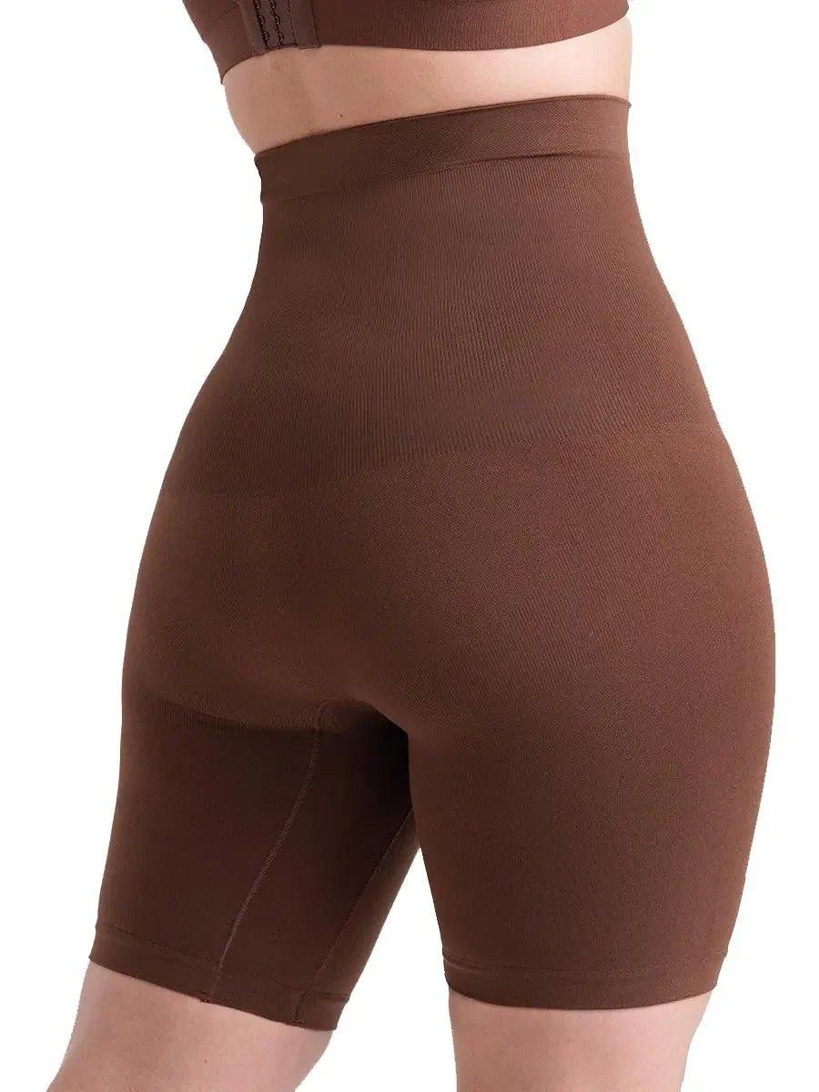 Brown high-waisted shapewear shorts for women, seamless body contouring fashion