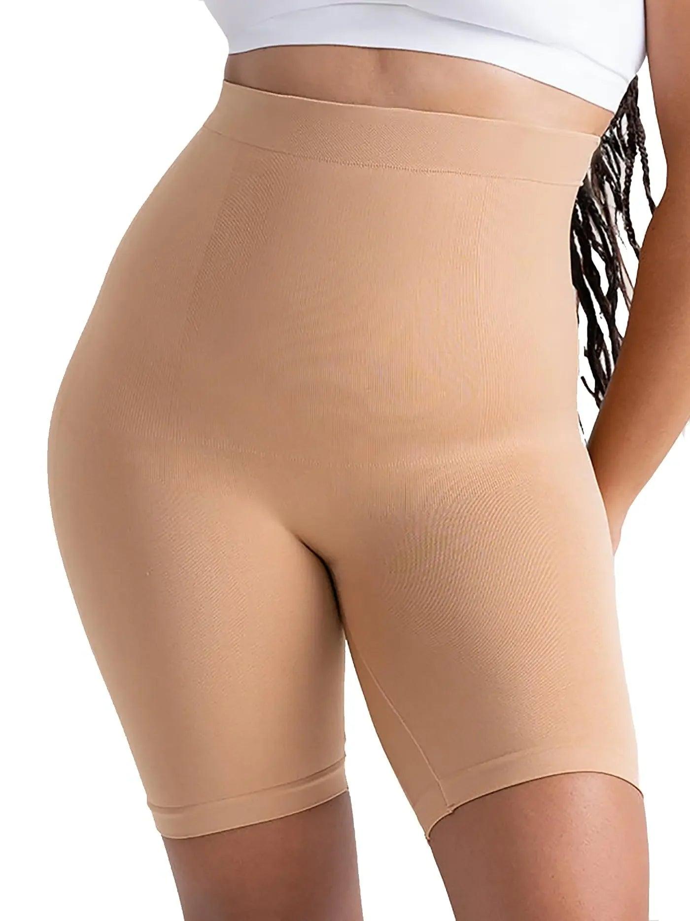 Beige high-waisted shapewear shorts for women, smoothing silhouette under clothing