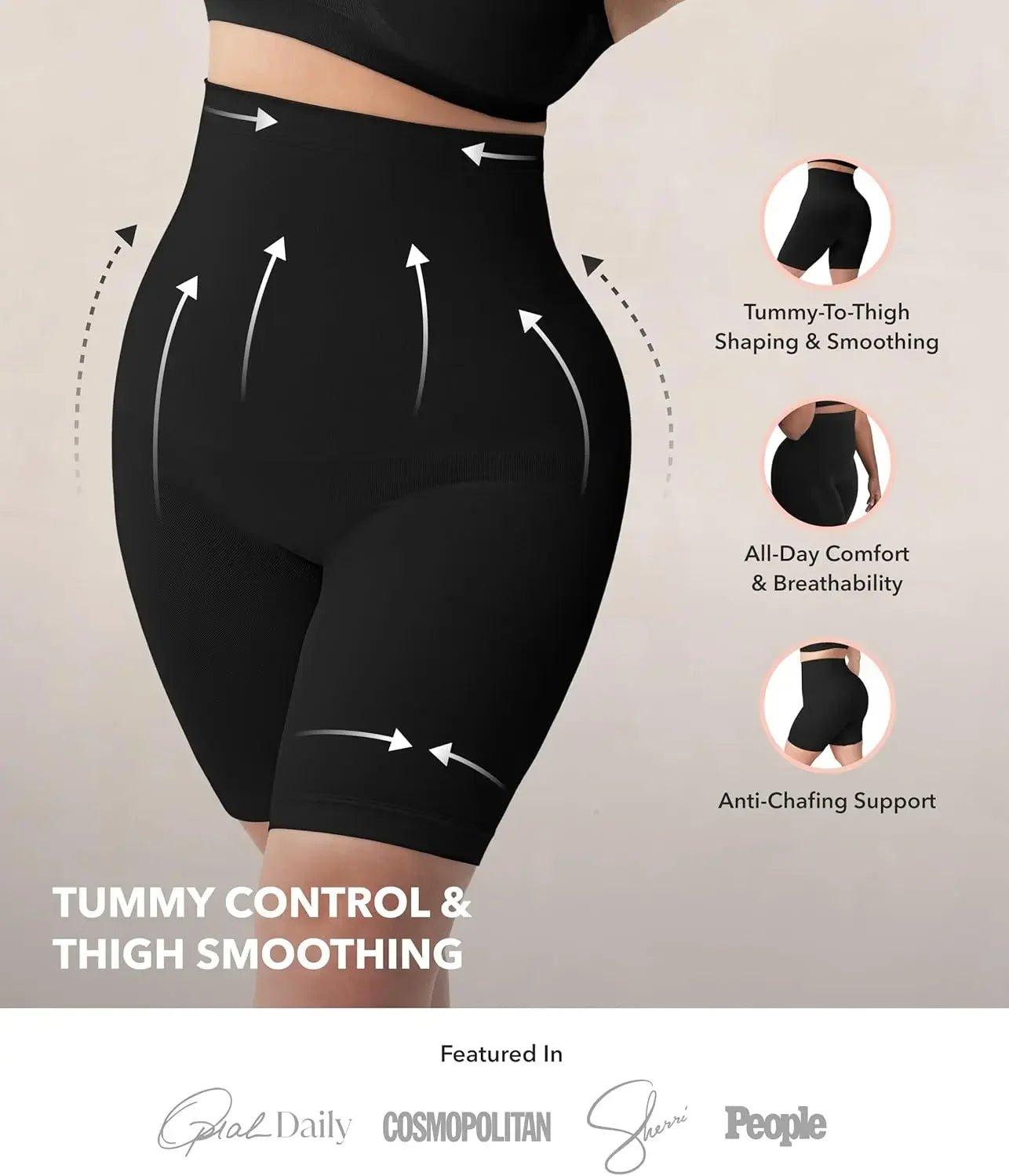 Black tummy control shapewear shorts for women, smoothing thighs and waist with anti-chafing support
