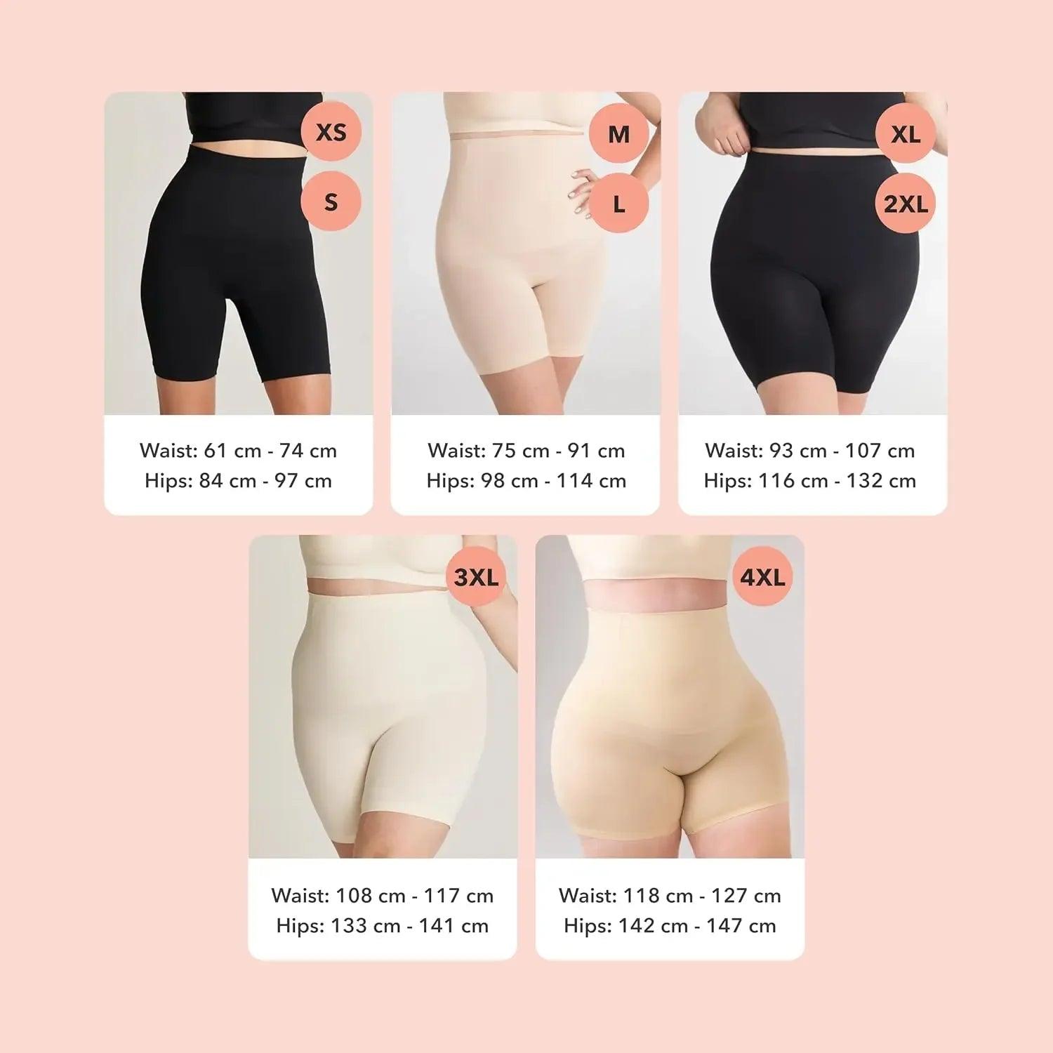 Women's shapewear shorts size chart with measurements for XS to 4XL, black and nude styles