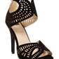 Black laser-cut high heel sandals with ankle strap, perfect for women's fashion and elegant occasions.