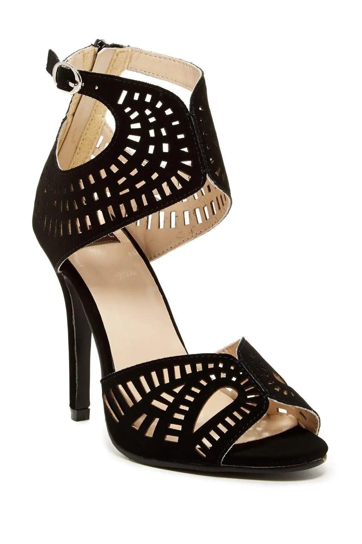 Black laser-cut high heel sandals with ankle strap, perfect for women's fashion and elegant occasions.