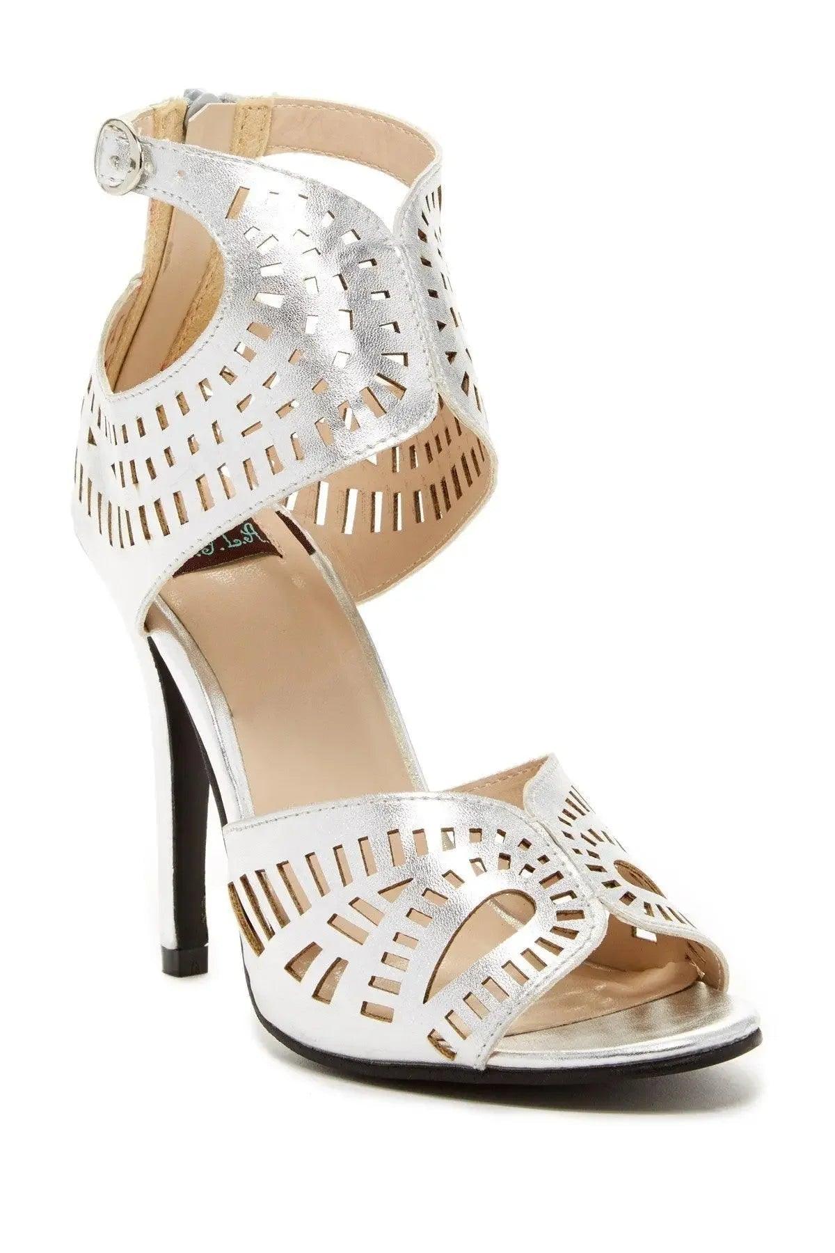 Silver laser-cut high heel sandals with ankle strap for women's fashion