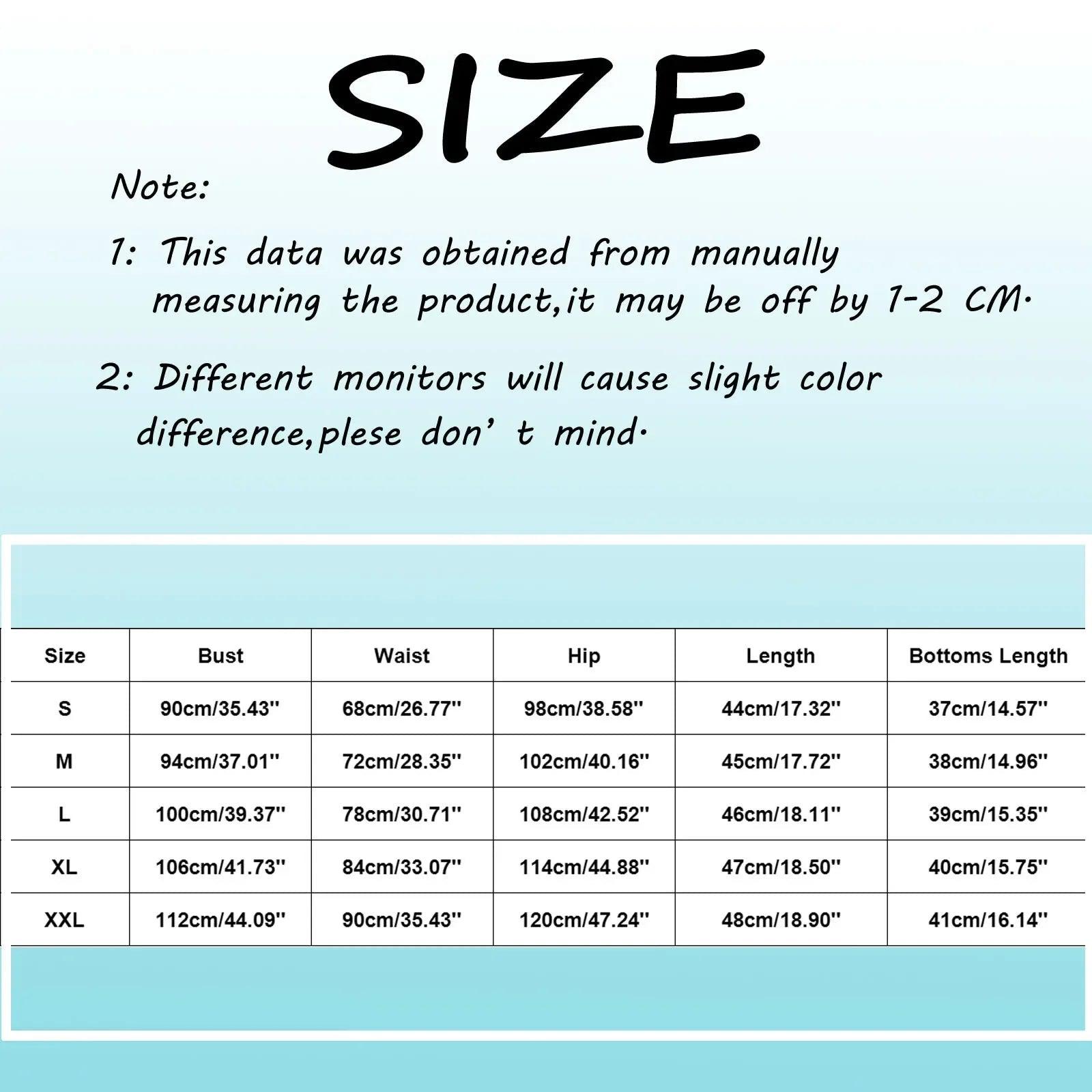 Women's clothing size chart with measurements for bust, waist, hip, length, and bottoms in S to XXL
